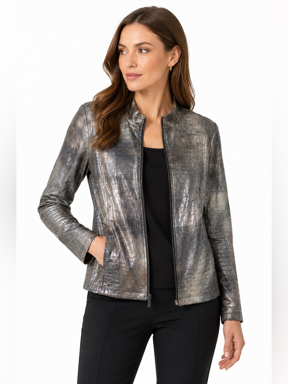 Chicos Traveler Size 0‎ Liquid Leather Metallic Croc Zip-Front Jacket Size Small